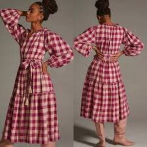 Plaid size Large Mille brand Pink plaid tie waist long sleeve Midi Dress NWT
